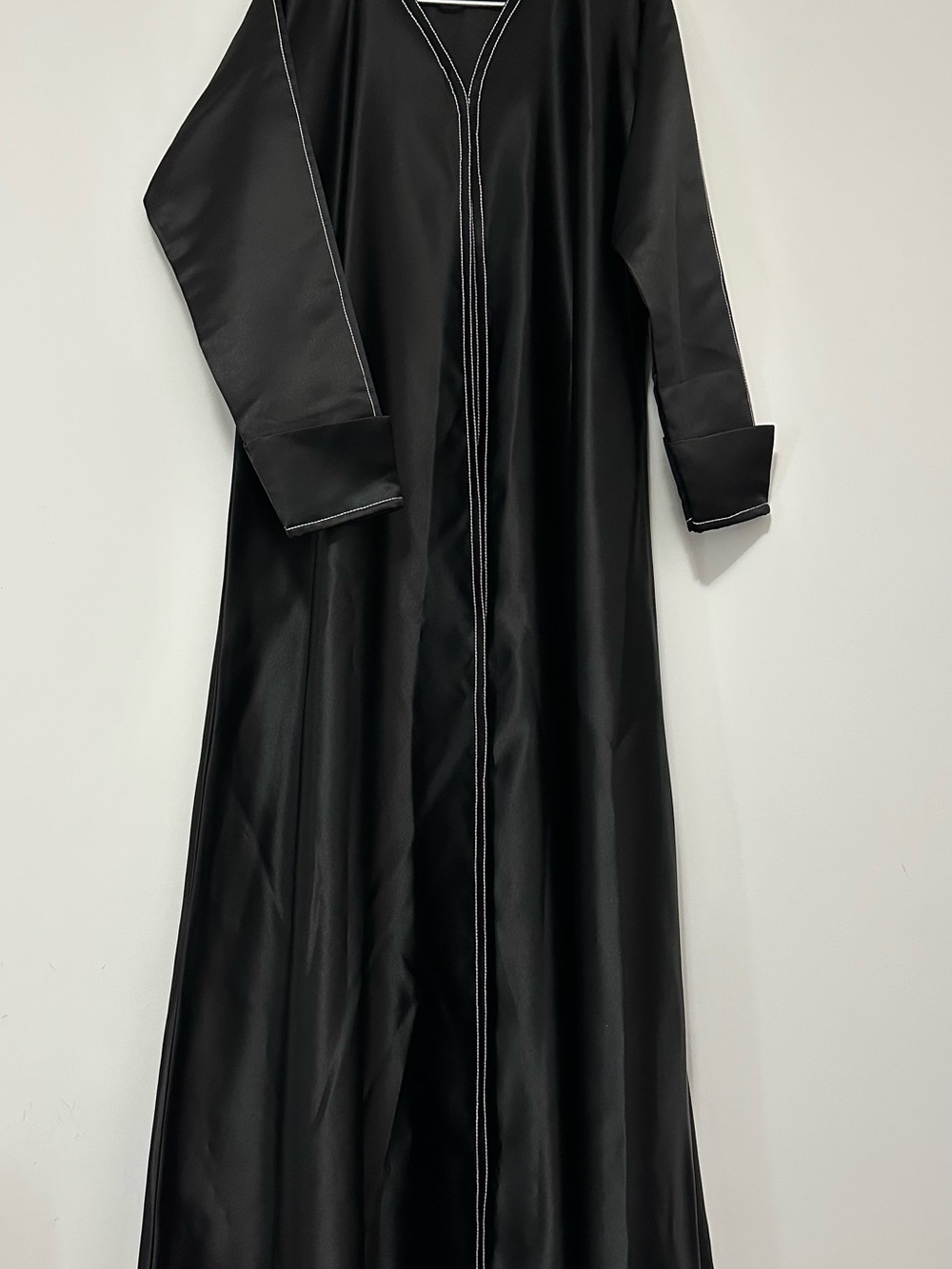 Black bridal satin professional abaya with white stitching